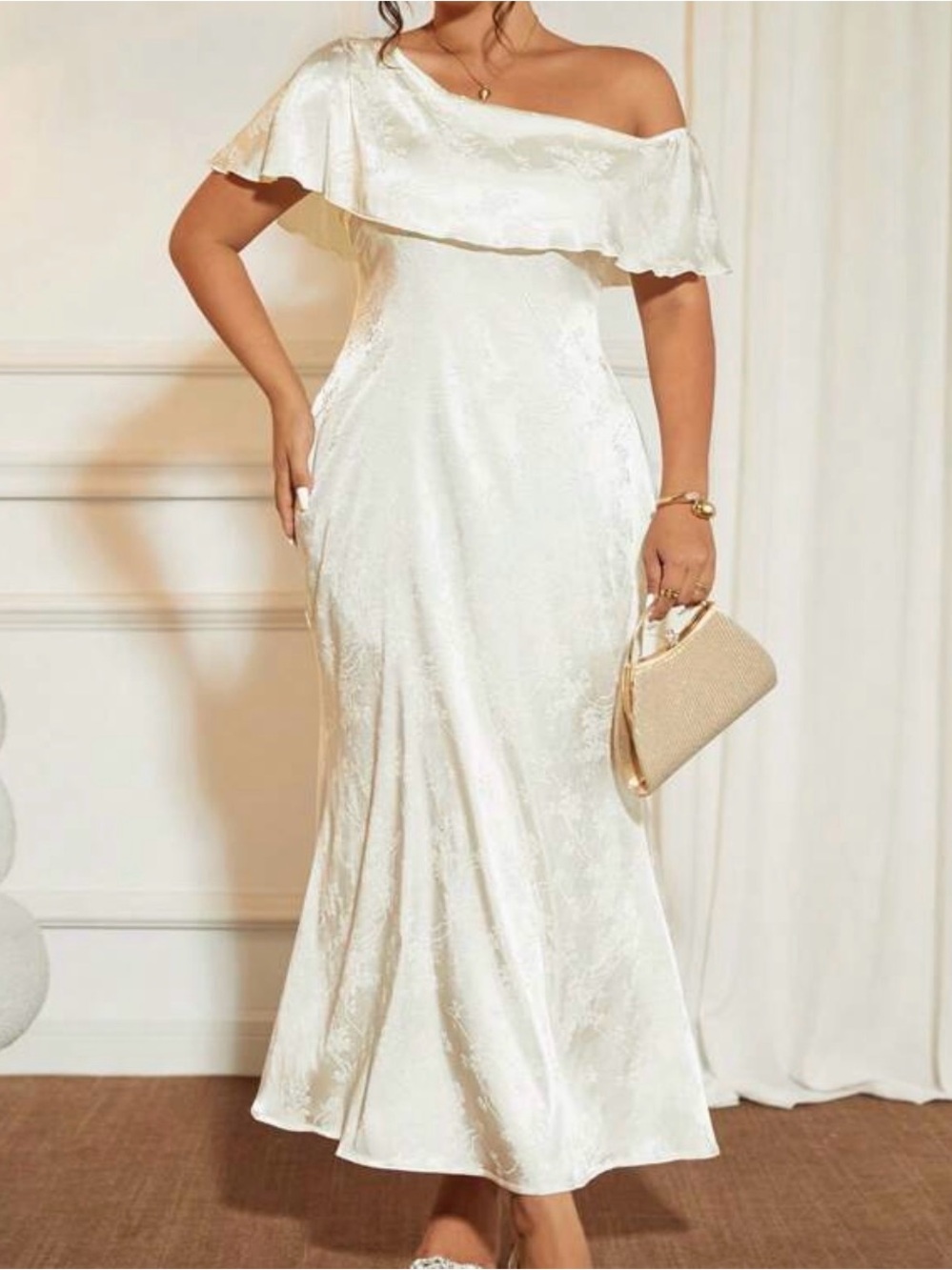 SHEIN Ivory One-Shoulder Ruffle Evening Gown